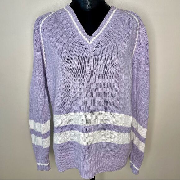 Silvercord Sweater Vintage Knit V Neck Stripe Cotton Blend Purple White Large - Picture 10 of 10